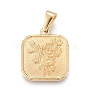 Valentine's Day 304 Stainless Steel Pendants, Square with Rose, Golden, 20.5x17.5x2mm, Hole: 3x6.5mm(STAS-F252-17G)