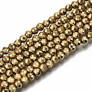 Electroplate Non-magnetic Synthetic Hematite Beads Strands, Round, Faceted, Real 18K Gold Plated, 3mm, Hole: 1mm, about 132~138pcs/strand, 14.96 inch~15.75 inch(38cm~40cm)(G-T114-54A-G)