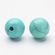 Natural Magnesite Beads, Dyed & Heated, Half Drilled, Round, Turquoise, 6~6.5mm, Hole: 1mm(G-P212-6mm)