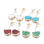 Natural Druzy Quartz Dangle Stud Earrings, with Golden Tone Brass Findings, Half Round, Mixed Color, 56mm, Pin: 0.7mm(EJEW-F171-02)