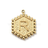 201 Stainless Steel Pendants, Golden, Hexagon with Letter Charm, Letter R, 21x16.5x2mm, Hole: 1.5mm(STAS-R227-01R-G)