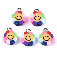 Handmade Polymer Clay Charms, with Platinum Tone Iron Findings, Flower with Smile, Rainbow Color 13~14.5x10~12x3~4mm, Hole: 1.8mm(CLAY-T016-48)