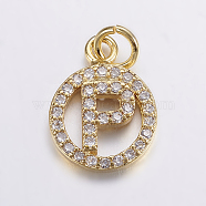 Long-Lasting Plated & Rack Plating Brass Micro Pave Cubic Zirconia Letter Charms, Flat Round, Real 18K Gold Plated, Letter.P, 13x10x2mm, Hole: 3mm(ZIRC-A007-04P-G)