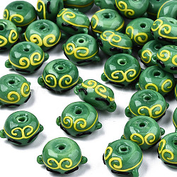 Handmade Bumpy Lampwork Beads, Sun Wukong Style, Abacus with Gold Hoop Pattern, Green, 15~16x12~13x8mm, Hole: 1.6~2mm(LAMP-S194-005-A01)