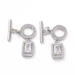 Brass Pave Clear Cubic Zirconia Toggle Clasps, Ring with Rectangle, Platinum, Bar: 15x4x1.5mm, Hole: 1.5mm, Rectangle: 12.5x21.5x4.5mm, Hole: 1.2mm(KK-E068-VC184)