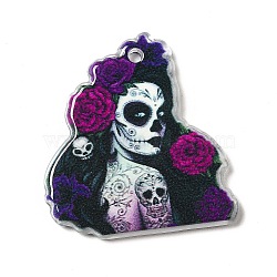 Halloween  Acrylic Pendants, Skullgirls with Flower Charms, Purple, 30.5x28x2.5mm, Hole: 1.8mm(SACR-B004-05B)