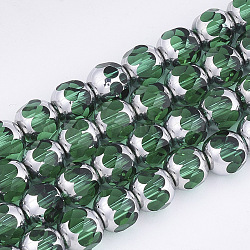 Electroplate Glass Beads Strands, Half Silver Plated, Faceted, Round, Green, 8~8.5x7~8mm, Hole: 1mm, about 40pcs/strand, 11.8 inch(X-EGLA-T019-02E)