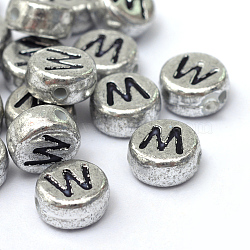 Plated Acrylic Horizontal Hole Letter Beads, Flat Round, Letter.W, 7x4mm, Hole: 1.3mm, about 3600pcs/500g(PACR-Q099-03W)