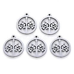 304 Stainless Steel Pendants, Laser Cut, Round Ring with Tree, Stainless Steel Color, 17x15x1mm, Hole: 1.2mm(STAS-N092-05)