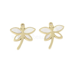 Natural Shell Pendants, Ion Plating(IP) 304 Stainless Steel Dragonfly Charms, Manual Polishing, Real 18K Gold Plated, 17x15.5x1.5mm, Hole: 1.5mm(STAS-P366-21G)