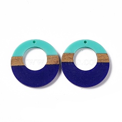 Opaque Resin & Walnut Wood Pendants, Ring Charms, Dark Blue, 38x3.5mm, Hole: 2mm(RESI-M027-03C)