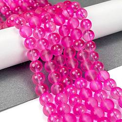 Frosted Transparent Glass Bead Strands, with Gold Powder, Round, Magenta, 8mm, Hole: 1mm, about 102pcs/strand, 30.71''(78cm)(GLAA-P065-8mm-11)