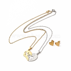 Heart Matching Couple Pendant Necklaces & Stud Earrings, Vacuum Plating 304 Stainless Steel Word I Love You Jewelry Set for Valentine's Day, Golden & Stainless Steel Color, 451mm, 10x12mm, Pin: 0.8mm(SJEW-E045-01GP)