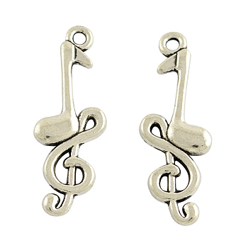 Tibetan Style Alloy Musical Note Pendants, Cadmium Free & Nickel Free & Lead Free, Antique Silver, 31.5x11x3mm, Hole: 2mm