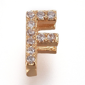 Golden Plated Brass Micro Pave Cubic Zirconia Slide Charms, Letter, Clear, Letter.F, 7~7.5x1.5~6.5x3mm, Hole: 6x1mm