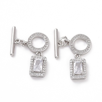 Brass Pave Clear Cubic Zirconia Toggle Clasps, Ring with Rectangle, Platinum, Bar: 15x4x1.5mm, Hole: 1.5mm, Rectangle: 12.5x21.5x4.5mm, Hole: 1.2mm