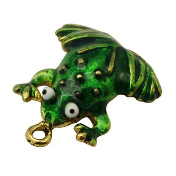 Brass Enamel Pendants, Frog, Golden Color, Green, Size: about 15mm wide, 17mm long, hole: 1.5mm