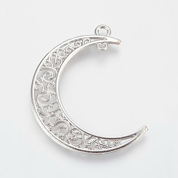 Tibetan Style Alloy Hollow Moon Links, Cadmium Free & Nickel Free & Lead Free, Platinum, 37x8x2mm, Hole: 1~3mm