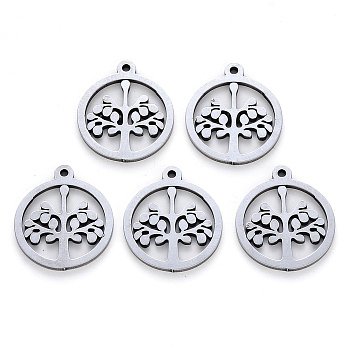 304 Stainless Steel Pendants, Laser Cut, Round Ring with Tree, Stainless Steel Color, 17x15x1mm, Hole: 1.2mm