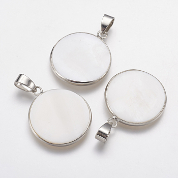 Natural White Shell Mother of Pearl Shell Pendants, with Platinum Tone Brass Findings, Flat Round, 24~27x20~23x2.5mm, Hole: 4x7mm