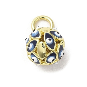 Brass Enamel Charms, with Jump Ring, Real 18K Gold Plated, Round with Evil Eye Charm, Prussian Blue, 12.5x10mm, Hole: 3.6mm