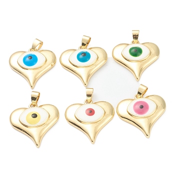 Brass Enamel Pendants, Real 18K Gold Plated, Long-Lasting Plated, Heart with Evil Eye, Mixed Color, 26x25x6mm, Hole: 3.5x5.5mm