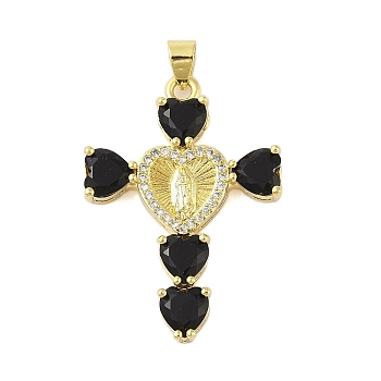 Rack Plating Brass Micro Pave Cubic Zirconia Heart Shape Virgin Mary Cross Pendant, Cadmium Free & Lead Free, Long-Lasting Plated, Real 18K Gold Plated, Black, 39x28x6mm, Hole: 4x3mm