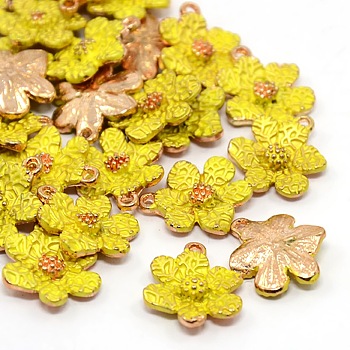 Rose Gold Tone Alloy Enamel Pendants, Flower Charms, Yellow, 16x14x2mm, Hole: 1mm