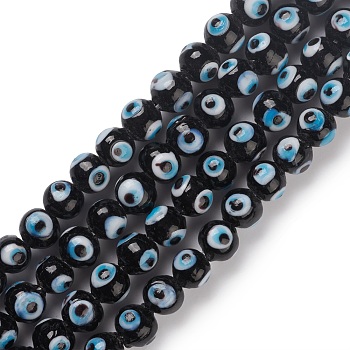 Handmade Evil Eye Lampwork Bead Strands, Round, Black, 8~8.5x7.5~8.5mm, Hole: 1.6mm, about 50pcs/strand, 13.98~14.25''(35.5~36.2cm)