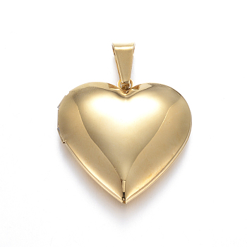 316 Stainless Steel Locket Pendants, Heart, Real 18K Gold Plated, 29x29x7mm, Hole: 9x5mm, Inner: 21x20mm