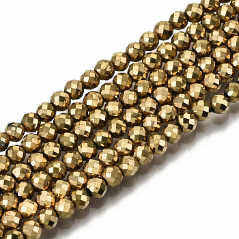 Electroplate Non-magnetic Synthetic Hematite Beads Strands, Round, Faceted, Real 18K Gold Plated, 3mm, Hole: 1mm, about 132~138pcs/strand, 14.96 inch~15.75 inch(38cm~40cm)