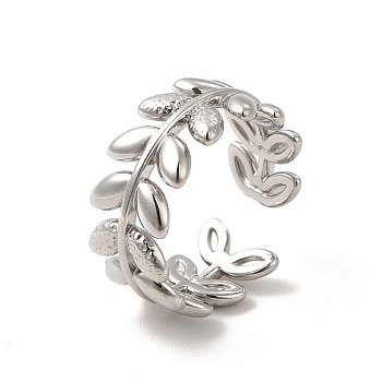 304 Stainless Steel Leafy Branch Open Cuff Ring for Women, Stainless Steel Color, US Size 7 1/4(17.5mm)