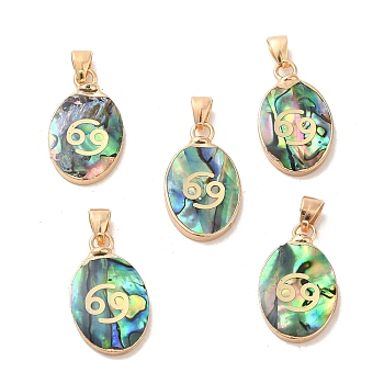 Constellation Natural Paua Shell Pendants, Golden Tone Brass Oval Charms, Cancer, 22x13x3~3.5mm, Hole: 6x3mm