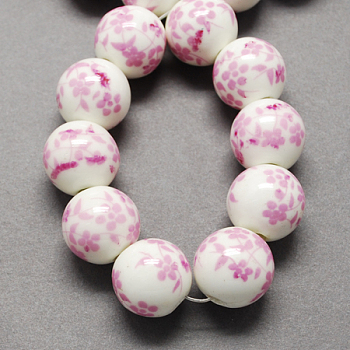 Handmade Printed Porcelain Beads, Round, Pearl Pink, 16mm, Hole: 4mm