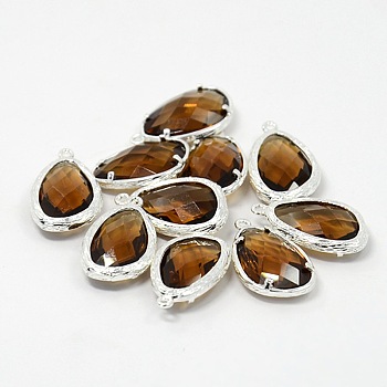 Silver Color Plated Brass Glass Pendants, Faceted Teardrop Charms, Sienna, 22x14x6mm, Hole: 1mm