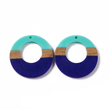 Opaque Resin & Walnut Wood Pendants, Ring Charms, Dark Blue, 38x3.5mm, Hole: 2mm