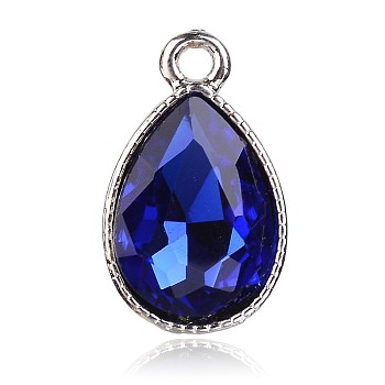 Faceted Teardrop Glass Pendants, with Platinum Plated Alloy Settings, Medium Blue, 25x15x6mm, Hole: 2mm