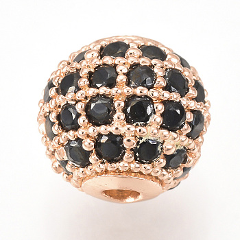 Brass Micro Pave Cubic Zirconia Beads, Round, Black, Rose Gold, 14mm