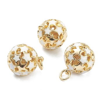 Brass Enamel Charms, with Jump Ring, Real 18K Gold Plated, Long-Lasting Plated, Round with Star, White, 14.5x12.5mm, Jump Ring: 5x1mm, Hole: 3mm