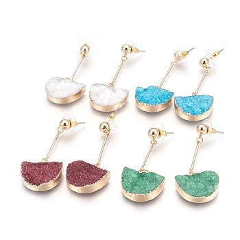 Natural Druzy Quartz Dangle Stud Earrings, with Golden Tone Brass Findings, Half Round, Mixed Color, 56mm, Pin: 0.7mm