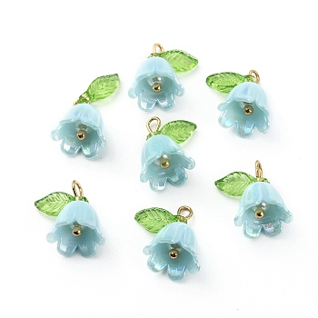 Opaque Resin Pendants, Bell Orchid Flower Charms with Leaf, with Golden Tone Iron Findings, Light Sky Blue, 14x13x10.5mm, Hole: 3x2mm