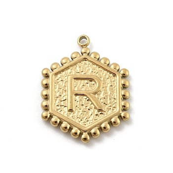 201 Stainless Steel Pendants, Golden, Hexagon with Letter Charm, Letter R, 21x16.5x2mm, Hole: 1.5mm