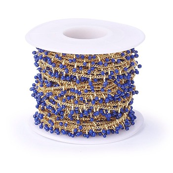 Handmade Enamel Beaded Chains, with Brass Curb Chains, Soldered, with Spool, Long-Lasting Plated, Real 18K Gold Plated, Dark Blue, 5.5x1.5~2mm, about 32.8 Feet(10m)/roll