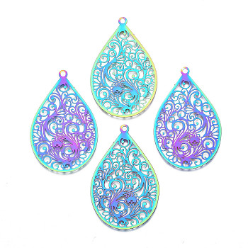 Ion Plating(IP) 201 Stainless Steel Filigree Pendants, Etched Metal Embellishments, Teardrop, Rainbow Color, 45.5x28.5x0.4mm, Hole: 2mm