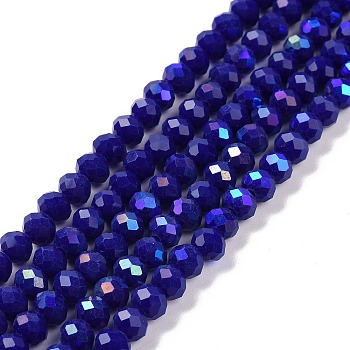 Electroplate Opaque Solid Color Glass Beads Strands, Half Rainbow Plated, Faceted, Rondelle, Blue, 3.5x3mm, Hole: 0.4mm, about 123~127pcs/strand, 13.7~14.1 inch(35~36cm)