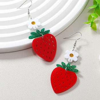 Acrylic Dangle Earrings, Strawberry with Flower, Platinum, Red, 80x28mm