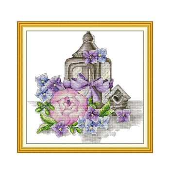 Lantern with Flower Pattern DIY Cross Stitch Beginner Kits, Stamped Cross Stitch Kit, Including 11CT Printed Cotton Fabric, Embroidery Thread & Needles, Instructions, Colorful, Fabric: 480x470x1mm