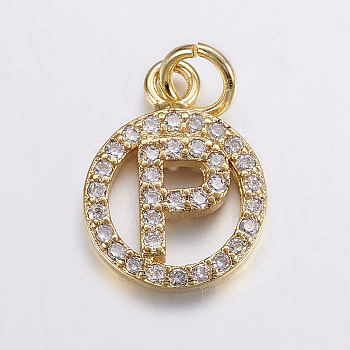Long-Lasting Plated & Rack Plating Brass Micro Pave Cubic Zirconia Letter Charms, Flat Round, Real 18K Gold Plated, Letter.P, 13x10x2mm, Hole: 3mm