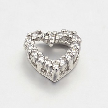 CZ Brass Micro Pave Grade AAA Cubic Zirconia Open Heart Beads, Cadmium Free & Nickel Free & Lead Free, Real Platinum Plated, 8x9x3.5mm, Hole: 1x2mm