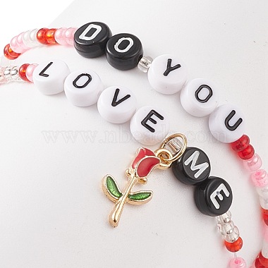 2Pcs 2 Style Word Do You Love Me Plastic Beaded Stretch Bracelets Set with Alloy Enamel Rose Charms(BJEW-JB08700)-5